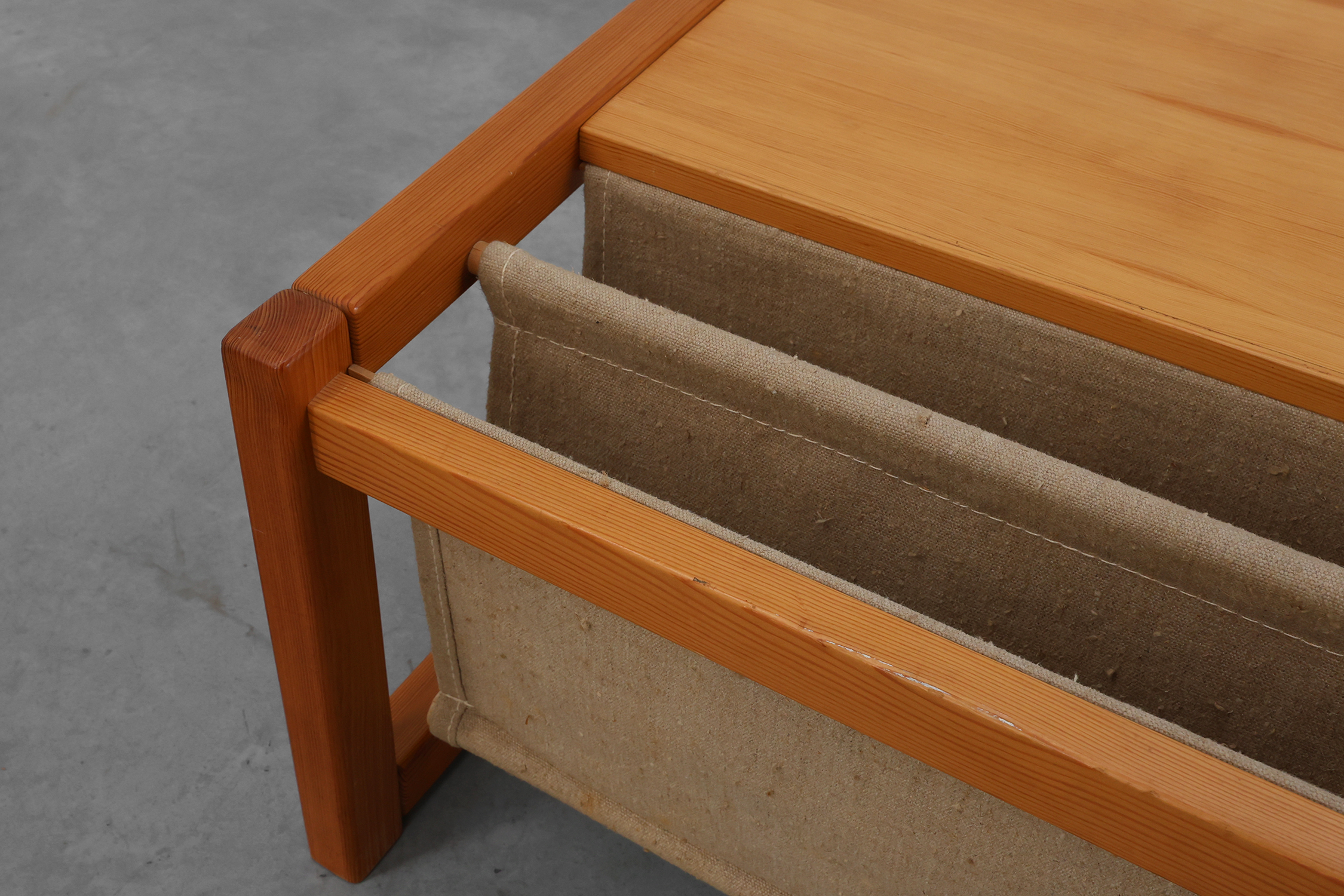 Pine and linen coffee table with magazine rack by Karin Möbring, Sweden 1970sthumbnail